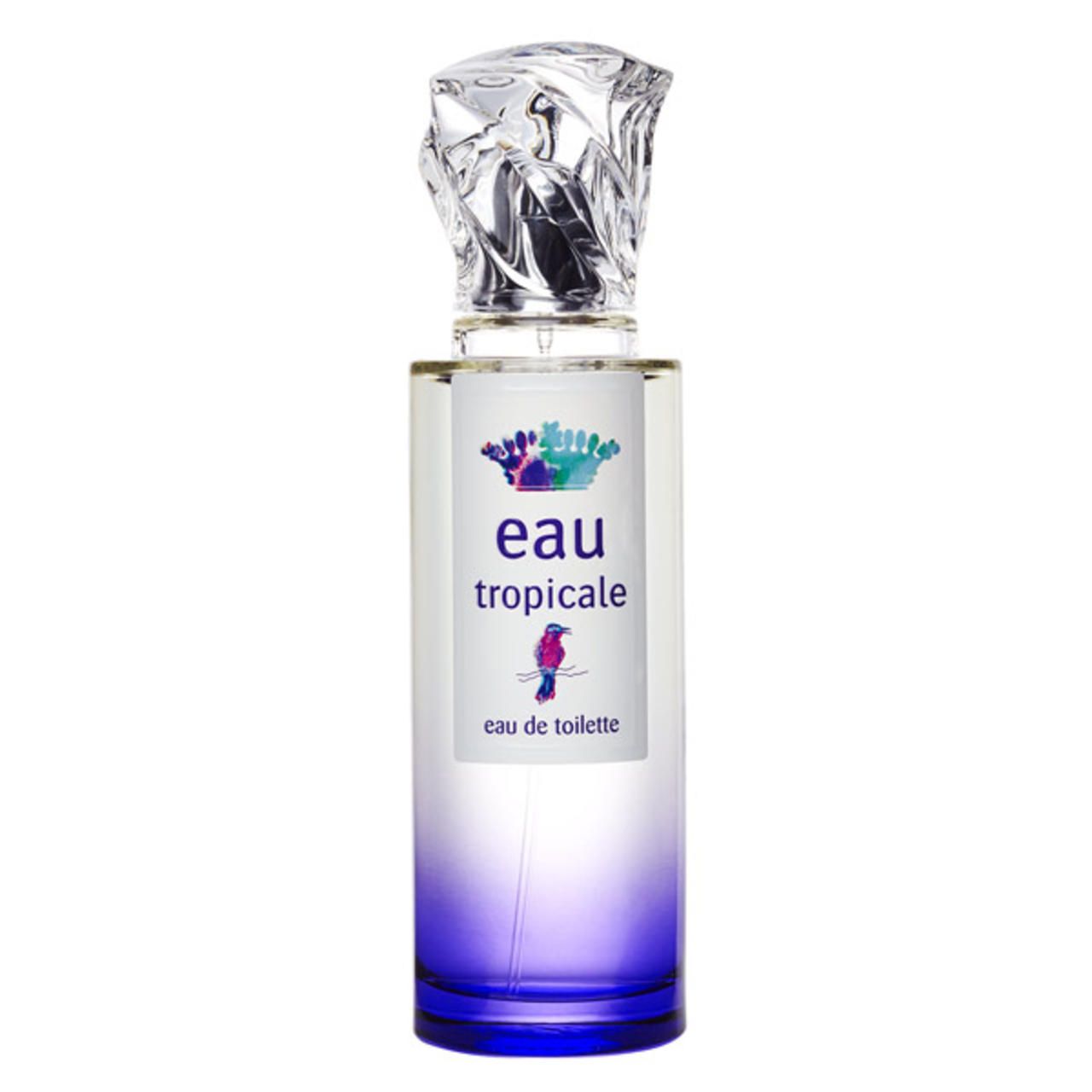 Parfümflasche mit transparentem Deckel. Aufschrift "eau tropicale" und Vogel-Illustration. Farbverlauf von transparent zu blau.