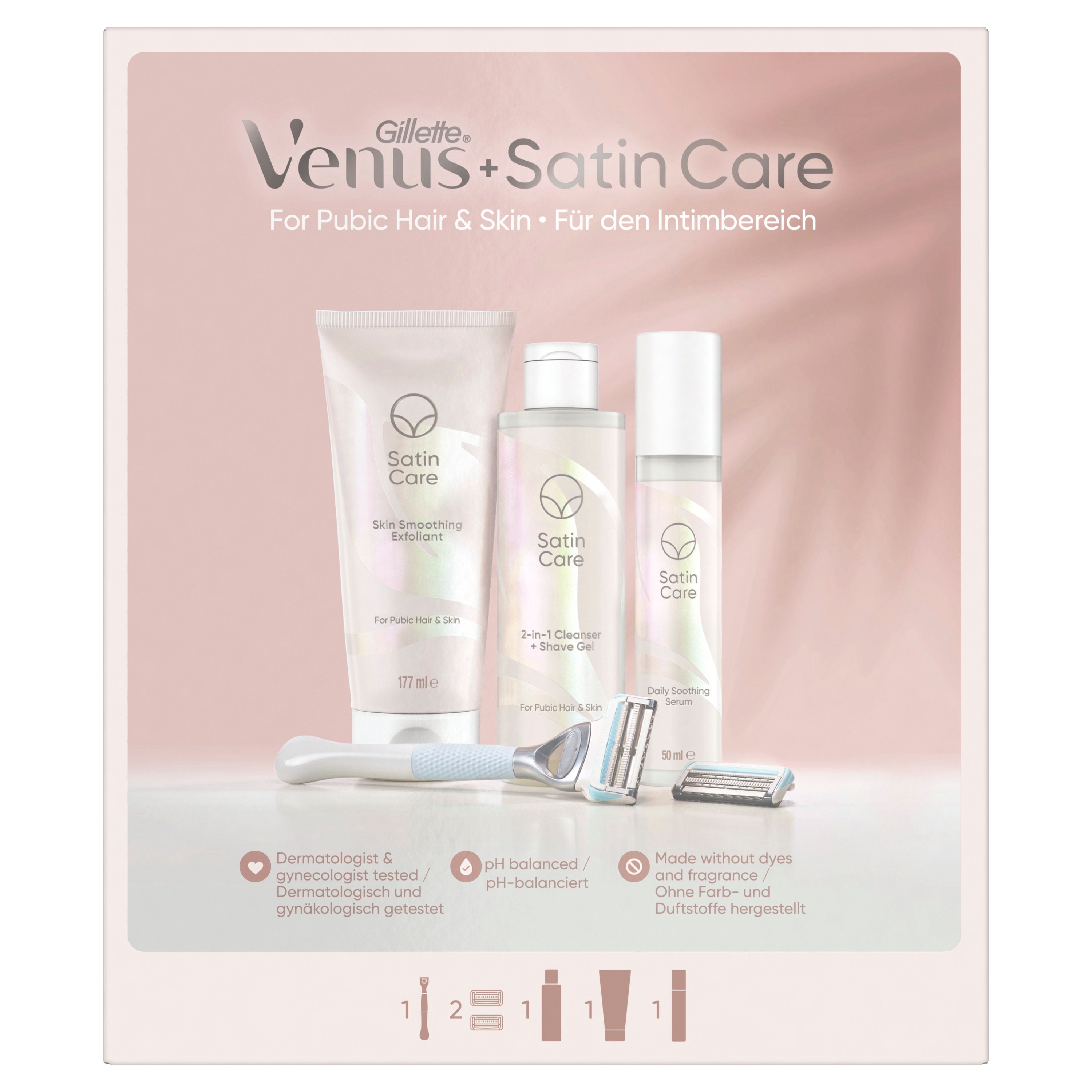 Geschenkset mit Produkten für die Intimpflege. Enthält Rasierer, Rasierklingen, Reinigungsgel, Serum und Peeling.