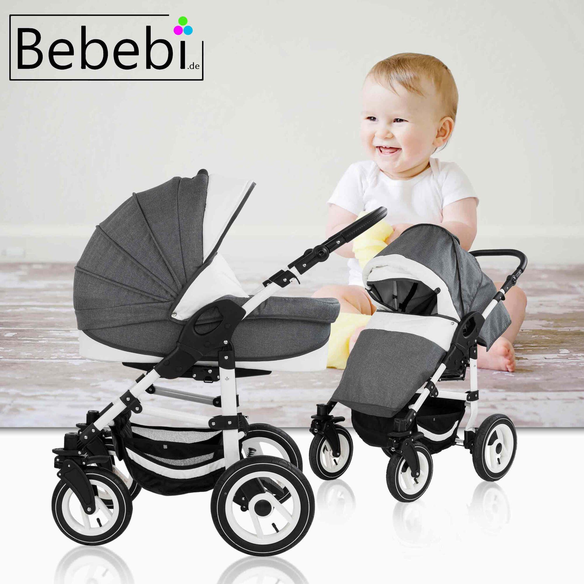 Kombikinderwagen, grau-weiß, mit Baby und Logo. Zwei Ansichten. Kind sitzt im Sportsitz.