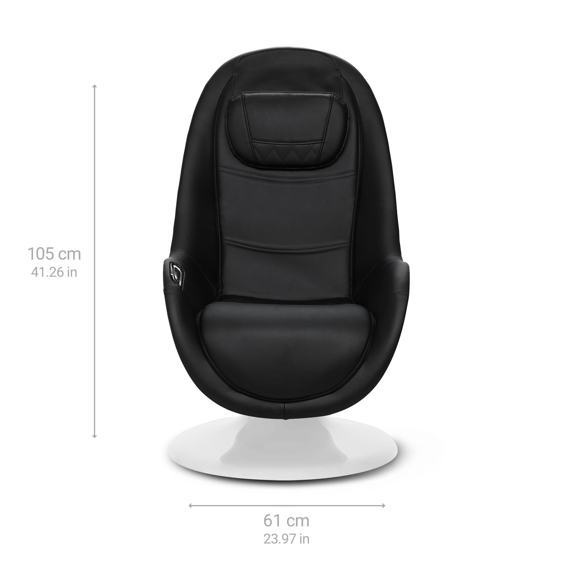 Schwarz-weißer Massagesessel, 105 cm hoch und 61 cm breit, mit runder Basis.