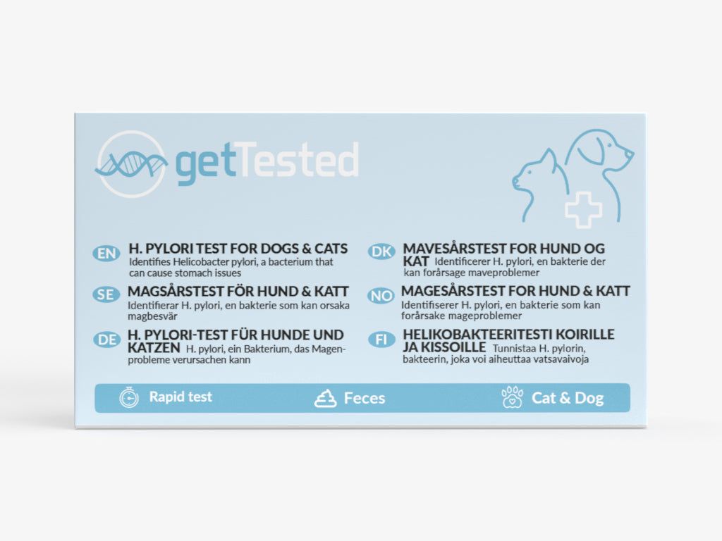 Hellblaue Produktverpackung mit dem Logo "getTested". Text: H. pylori-Test für Hunde und Katzen. Enthält Informationen zu Schnelltest und Fäzes.