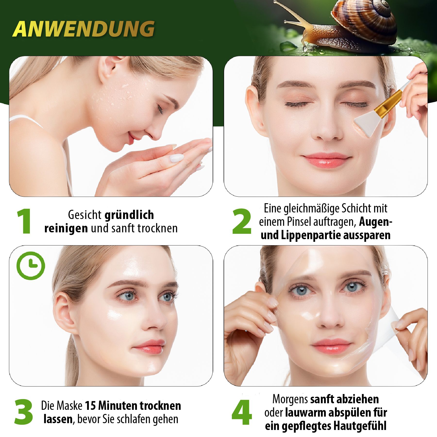 Anwendungsschritte. Text: Gesicht reinigen, Maske auftragen, trocknen lassen, abziehen.