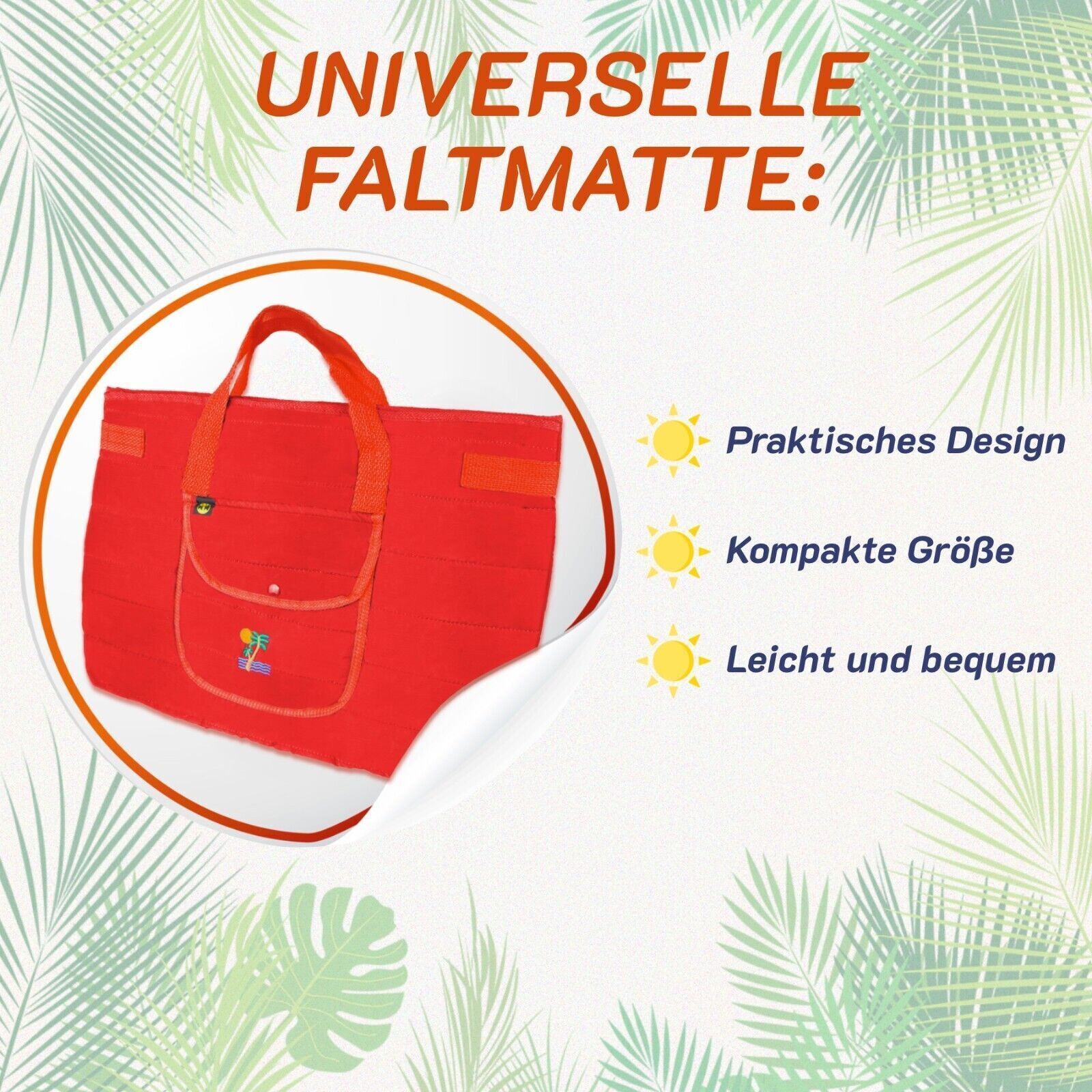 Rote Faltmatte mit Tragegriff. Beschriftung: Universelle Faltmatte. Praktisches Design, kompakte Größe, leicht und bequem.