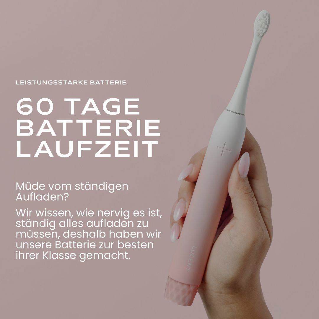 Be Lucent Prism Sonic Elektrische Zahnbürste in Rosa, mit Text über 60 Tage Batterielaufzeit.