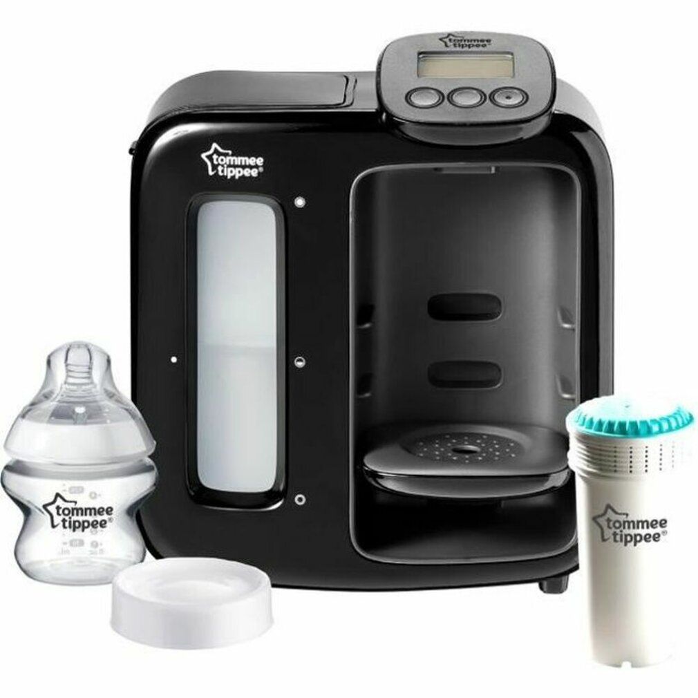 Schwarzer Flaschenzubereiter mit Flasche, Filter und Zubehör. Tommee Tippee Logo.