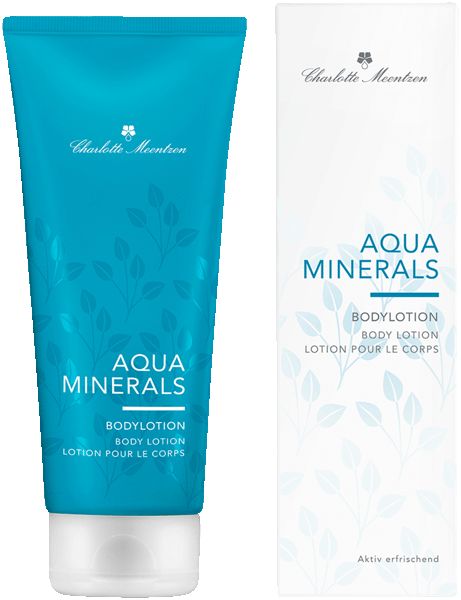 Türkisfarbene Tube und Schachtel. Auf der Tube: Charlotte Meentzen, Aqua Minerals Bodylotion. Auf der Schachtel: Aqua Minerals, Bodylotion, Lotion pour le corps.