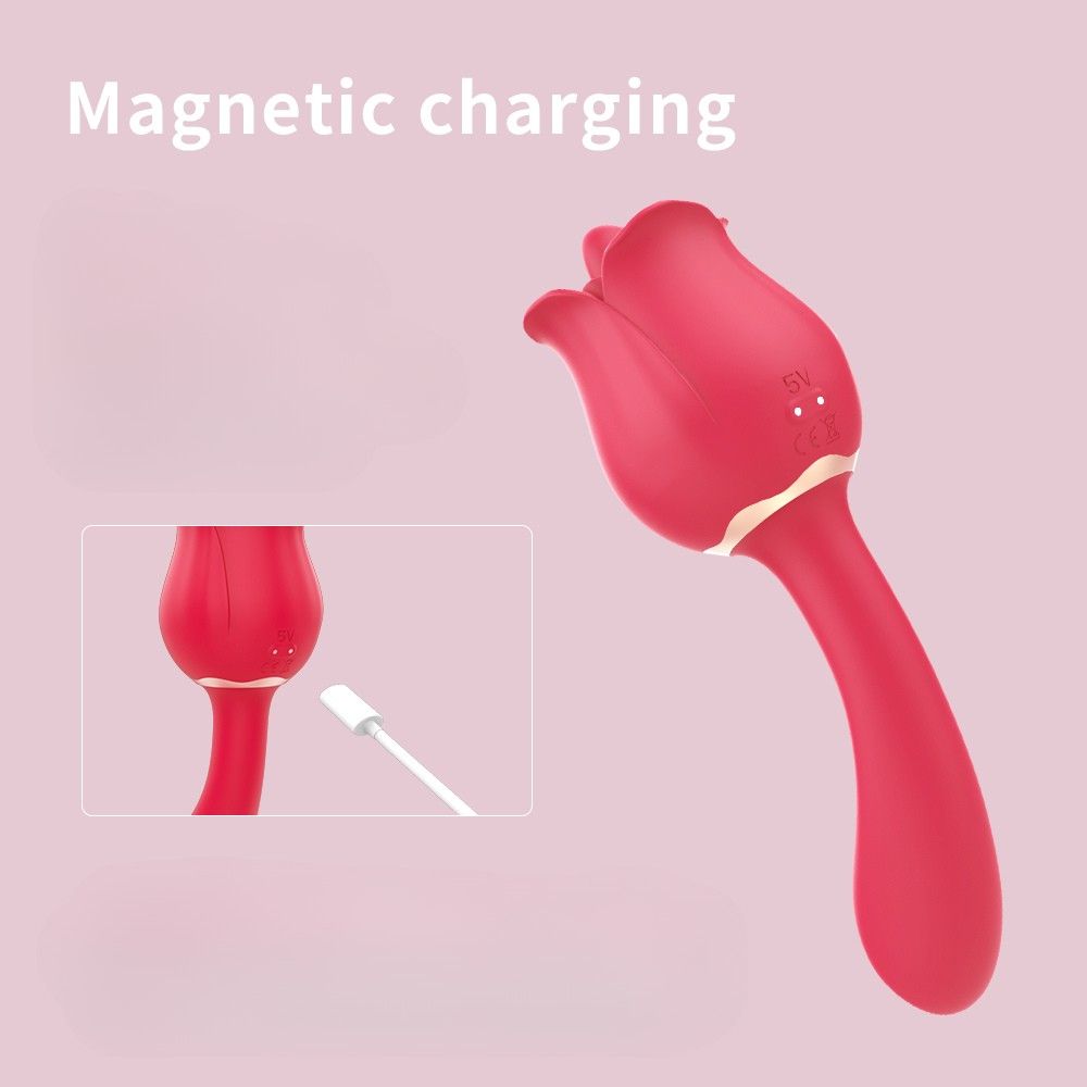 Roter Vibrator in Rosenform. Mit einem Stiel und einem blütenförmigen Kopf. Magnetisches Aufladen.