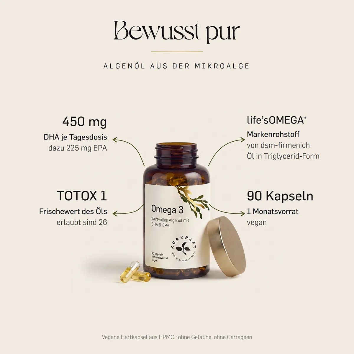Flasche Omega 3 Algenöl mit Informationen zu DHA, EPA, TOTOX-Wert und Kapselanzahl.