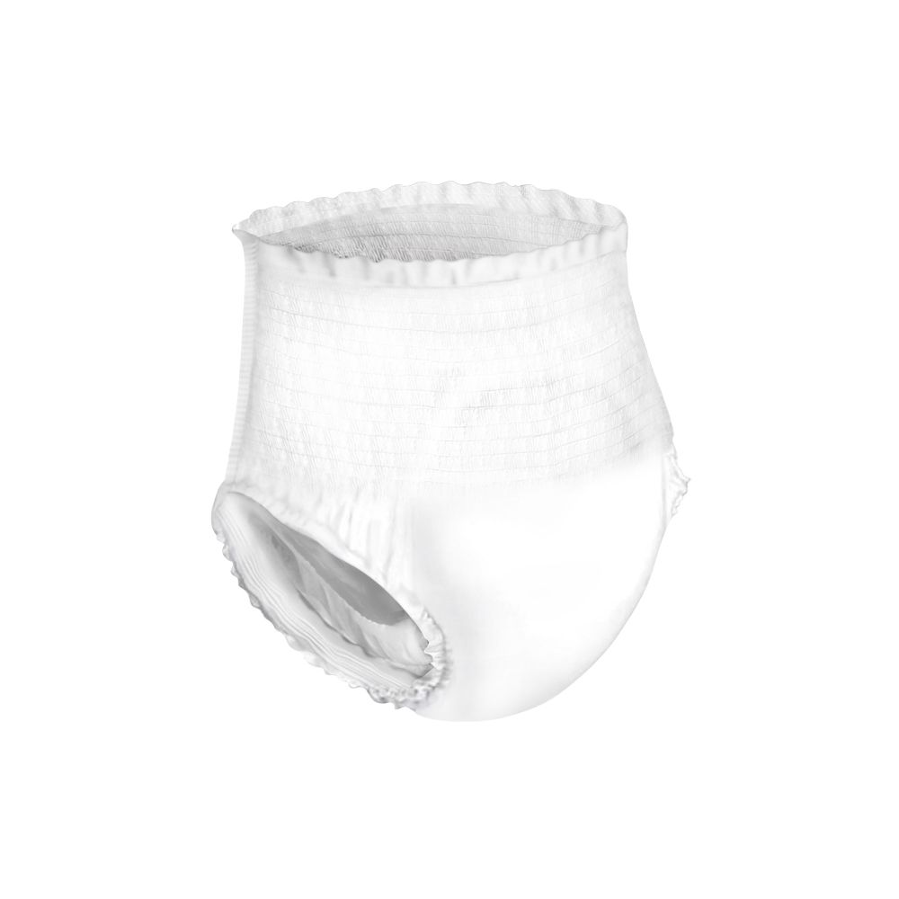 Weiße Inkontinenzhose. Abena Pants L. Elastische Bein- und Taillenbündchen. Blick von vorne.