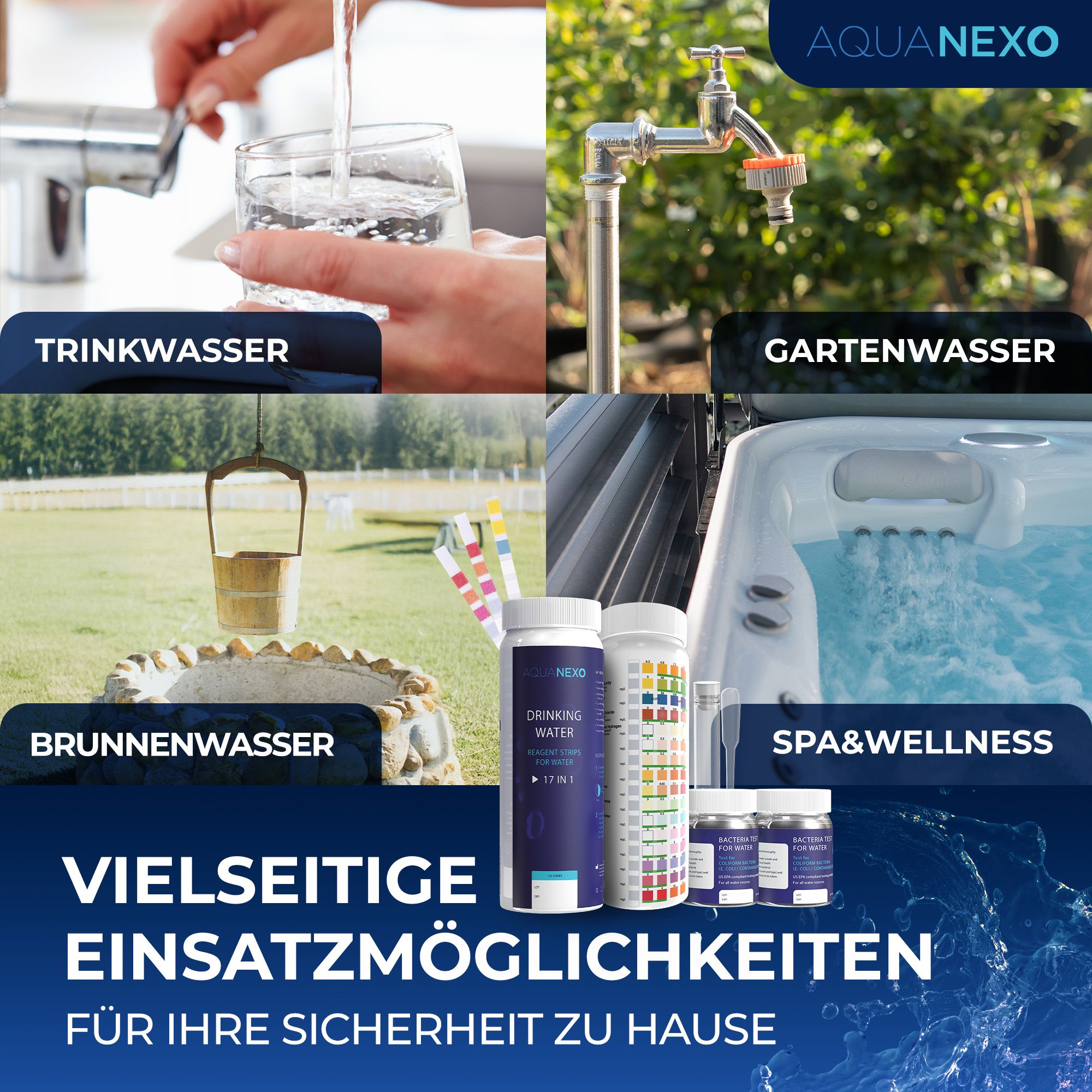 Aquanexo Trinkwasser Teststreifen 125 st. 16-in-1 + 2 Bakterientests + Pipette + Reagenzglas