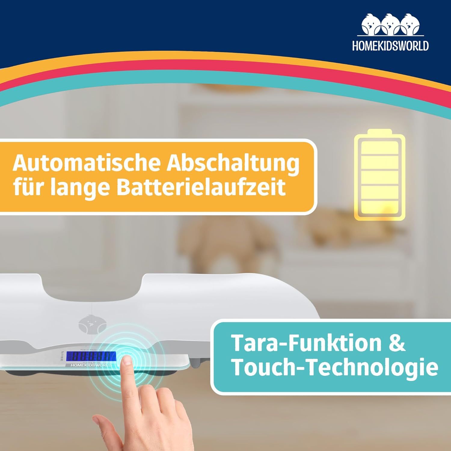 Waage mit Touch-Funktion und Tara-Technologie. Automatische Abschaltung für lange Batterielaufzeit. Digitales Display.