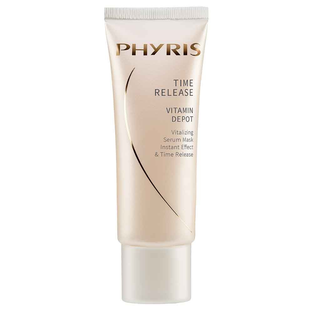 Creme-Tube mit Produktnamen PHYRIS, TIME RELEASE, VITAMIN DEPOT. Text: Vitalizing Serum Mask, Instant Effect & Time Release.