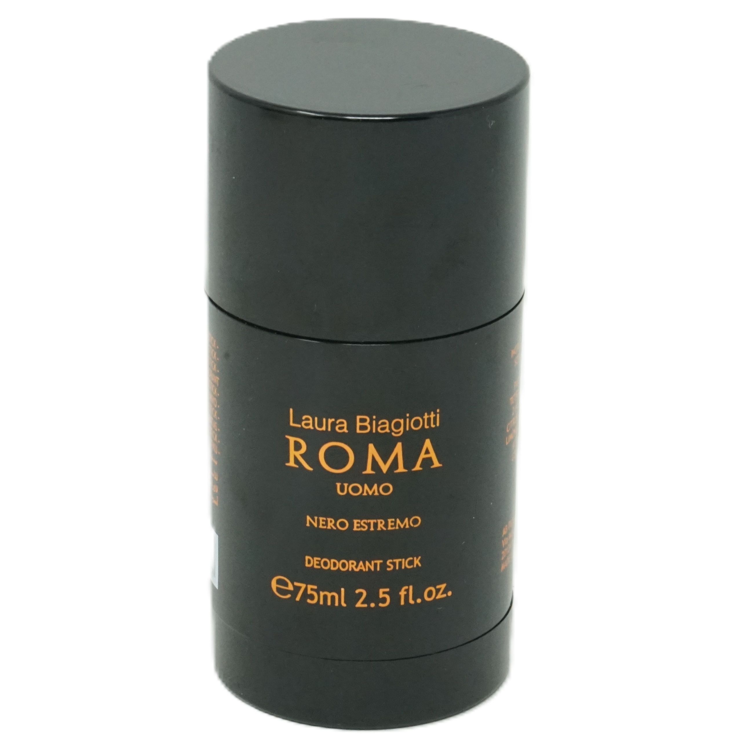 Schwarzer Deostick. Aufschrift: Laura Biagiotti, Roma Uomo, Nero Estremo, Deodorant Stick, 75ml.