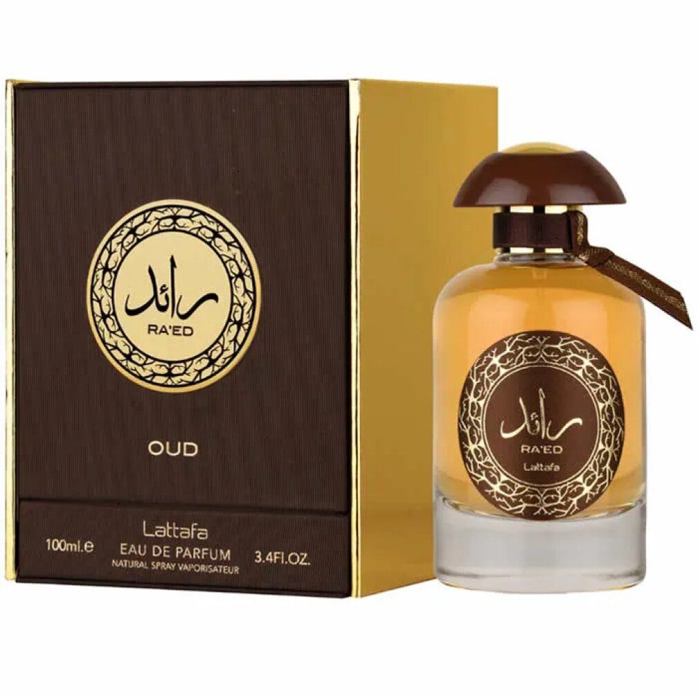 Parfümflakon mit braunem Deckel und Verpackung. Aufschrift: Ra'ed Oud Lattafa Eau de Parfum.
