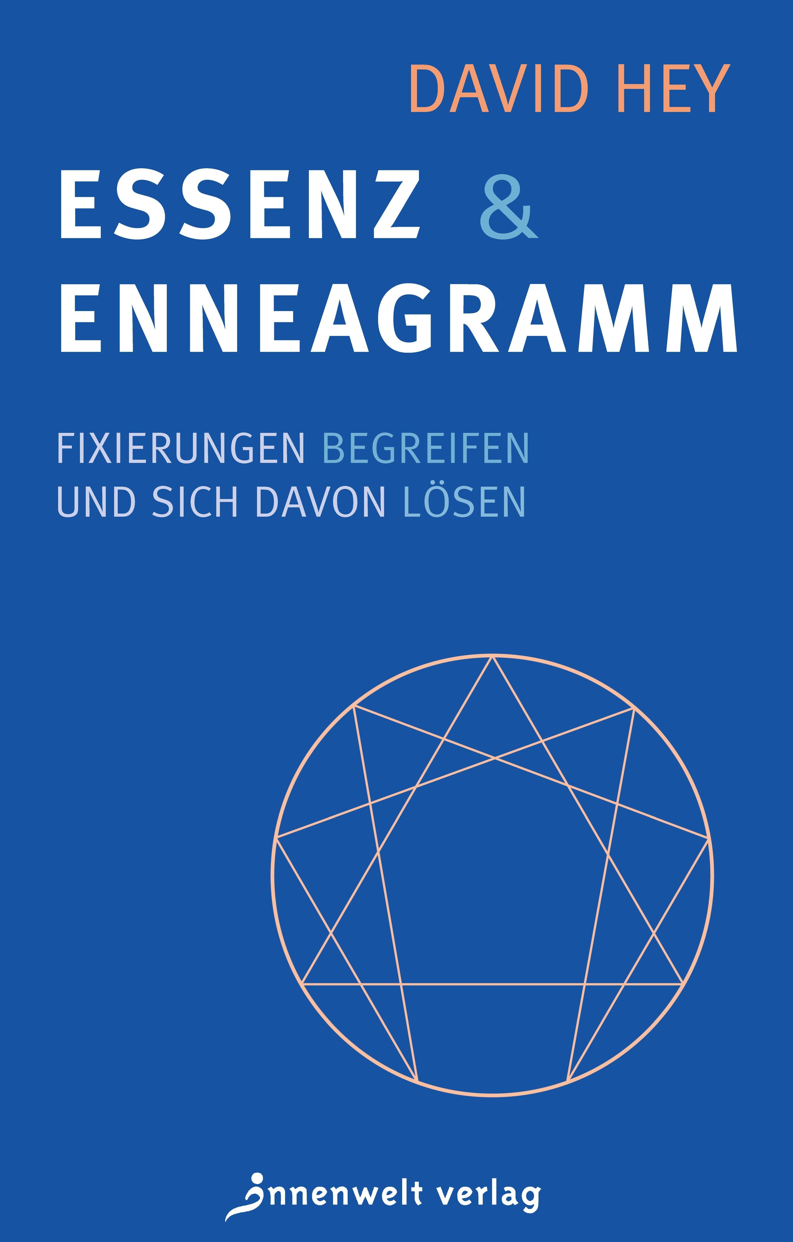 Buchcover mit Titel "Essenz & Enneagramm" von David Hey. Auf blauem Hintergrund ein Enneagramm-Symbol und Verlagslogo.