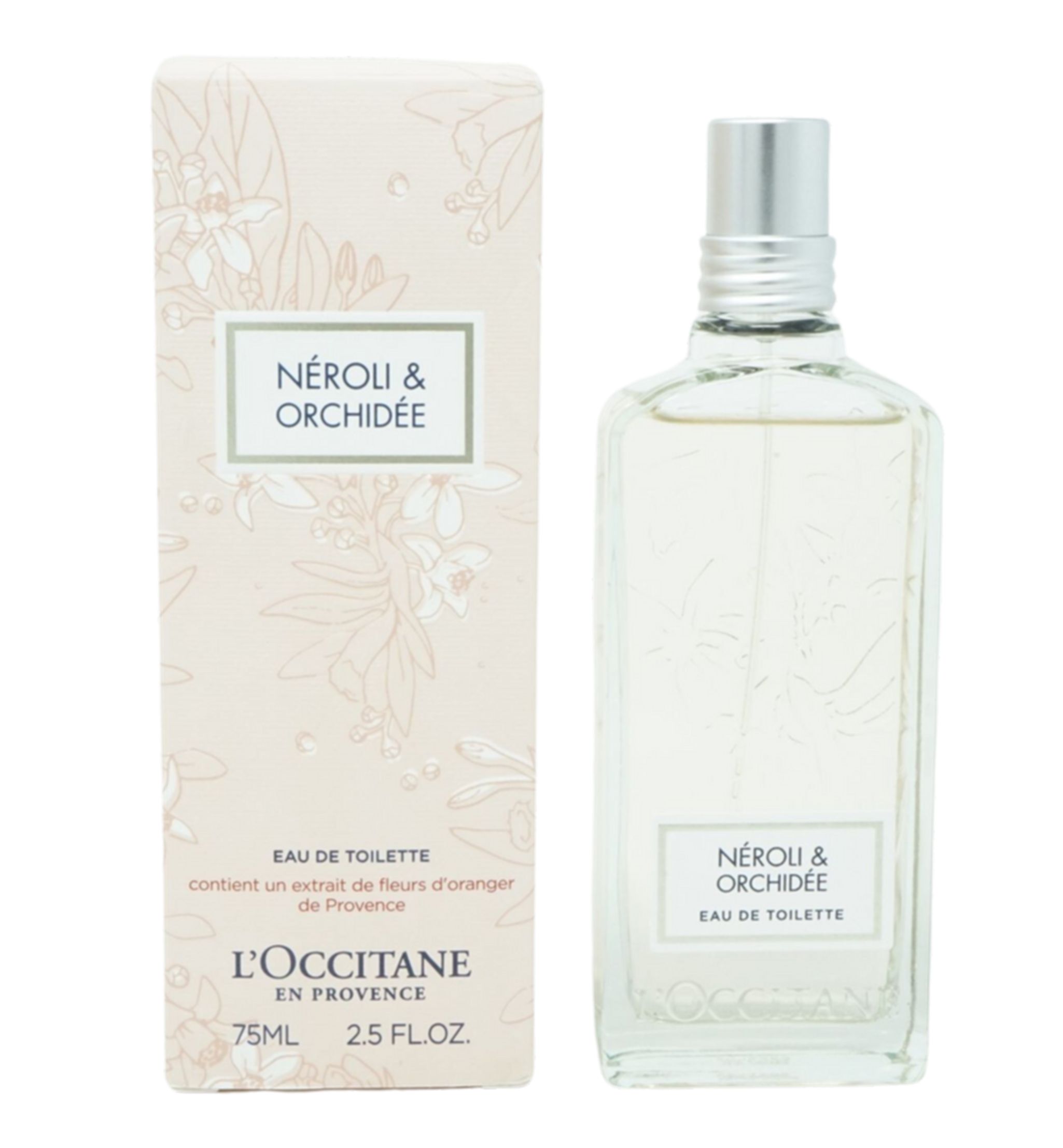 Flakon und Verpackung. Aufschrift: NÉROLI & ORCHIDÉE, Eau de Toilette. L'Occitane en Provence. Beige und weiß.