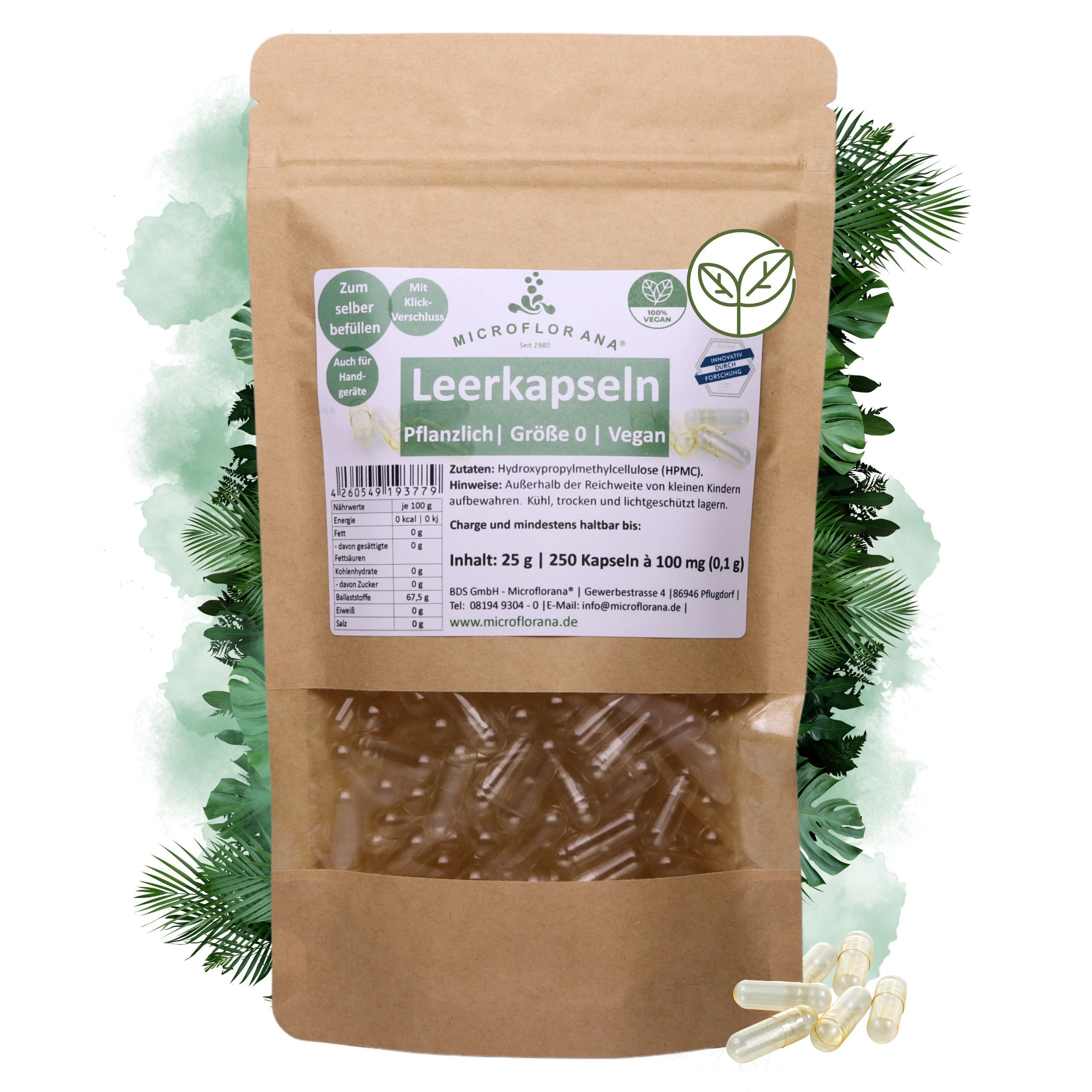 Beutel mit transparenten Leerkapseln. Sichtfenster, Produktname und Logo. Pflanzlich & vegan, Größe 0.