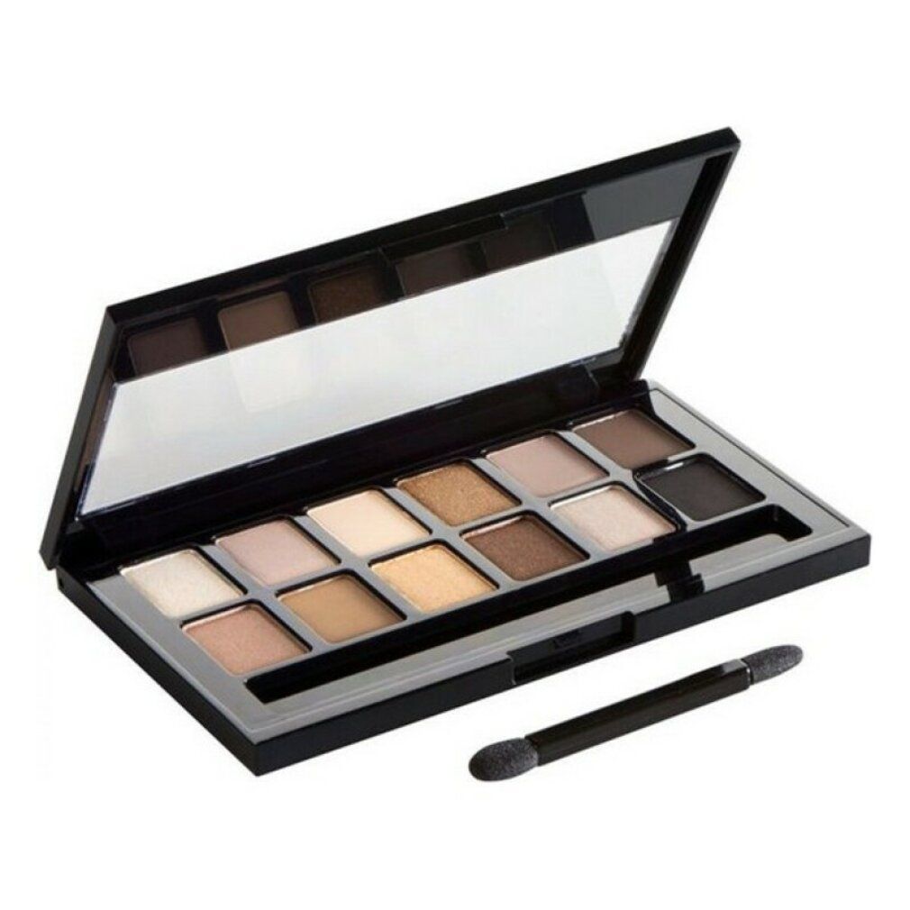 Offene Lidschatten-Palette mit 12 Farbtönen, Spiegel und Applikator. Aufschrift: THE NUDES MAYBELLINE New York.