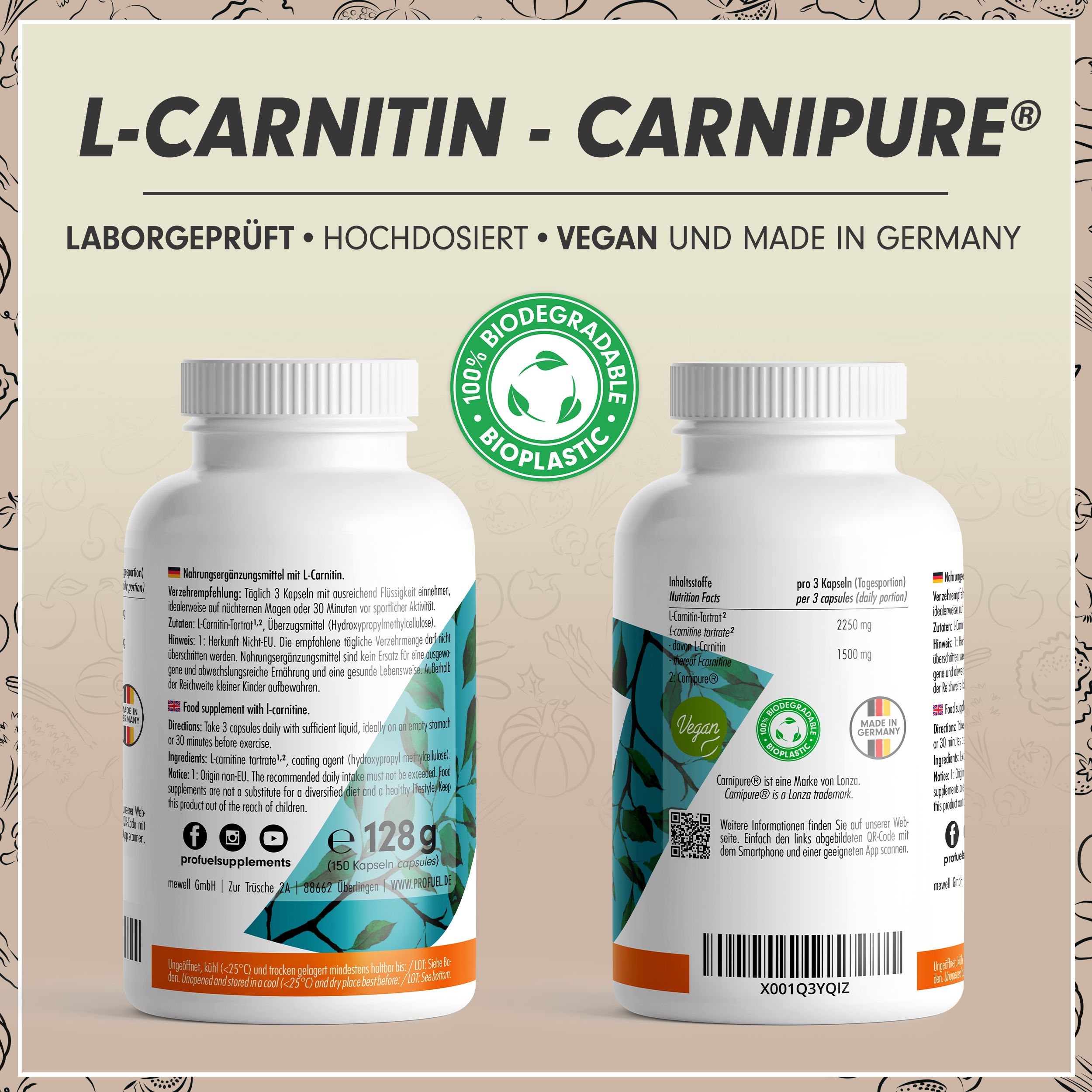Weiße Flasche mit grünen Blättern. Text: L-Carnitin Kapseln, Carnipure, 128g. Logos: Vegan, Bio-Plastic. Rückseite: Nährwertangaben.