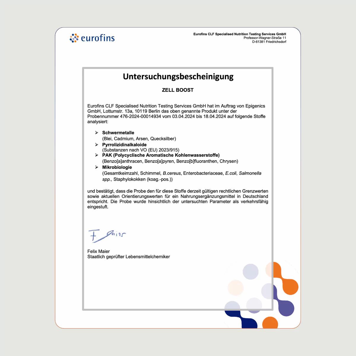 Untersuchungsbescheinigung von Eurofins. Analyse von Zell Boost auf Schwermetalle, Pyrrolizidinalkaloide, PAK, Mikrobiologie.
