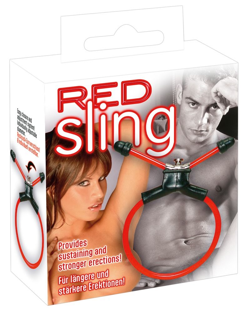 Verpackung mit Produktabbildung. Text: RED SLING. Abbildung eines Mannes und einer Frau.