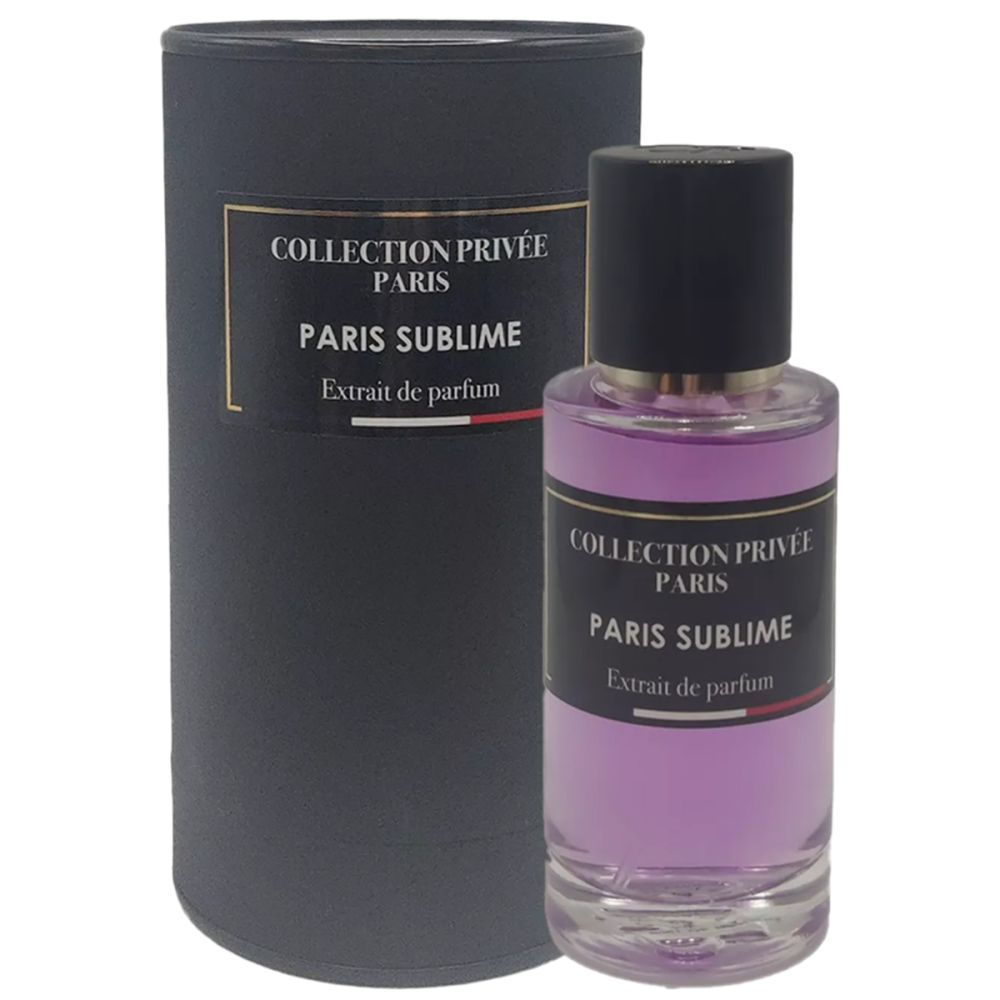 Parfümextrakt-Flakon und zylindrische Verpackung. Aufschrift: COLLECTION PRIVÉE PARIS, PARIS SUBLIME, Extrait de parfum. Flakon mit lila Flüssigkeit.