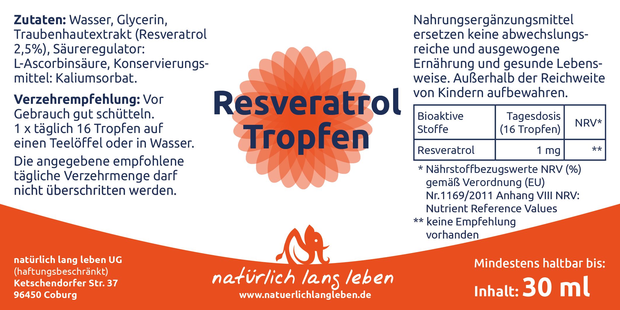 Etikett mit Inhaltsstoffen und Nährwertangaben für "Resveratrol Tropfen". Enthält 30 ml. "natürlich lang leben" Logo.