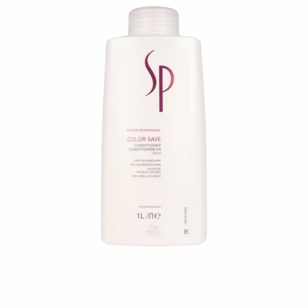 Weiße Flasche mit lila SP-Logo und Text: Color Save Conditioner. 1L-Flasche für coloriertes Haar.