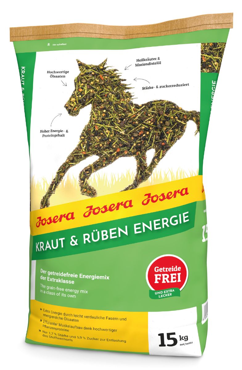 Verpackung von JOSERA Kraut & Rüben Energie. Grün-weißer Beutel mit Produktabbildung und Text. 15 kg.