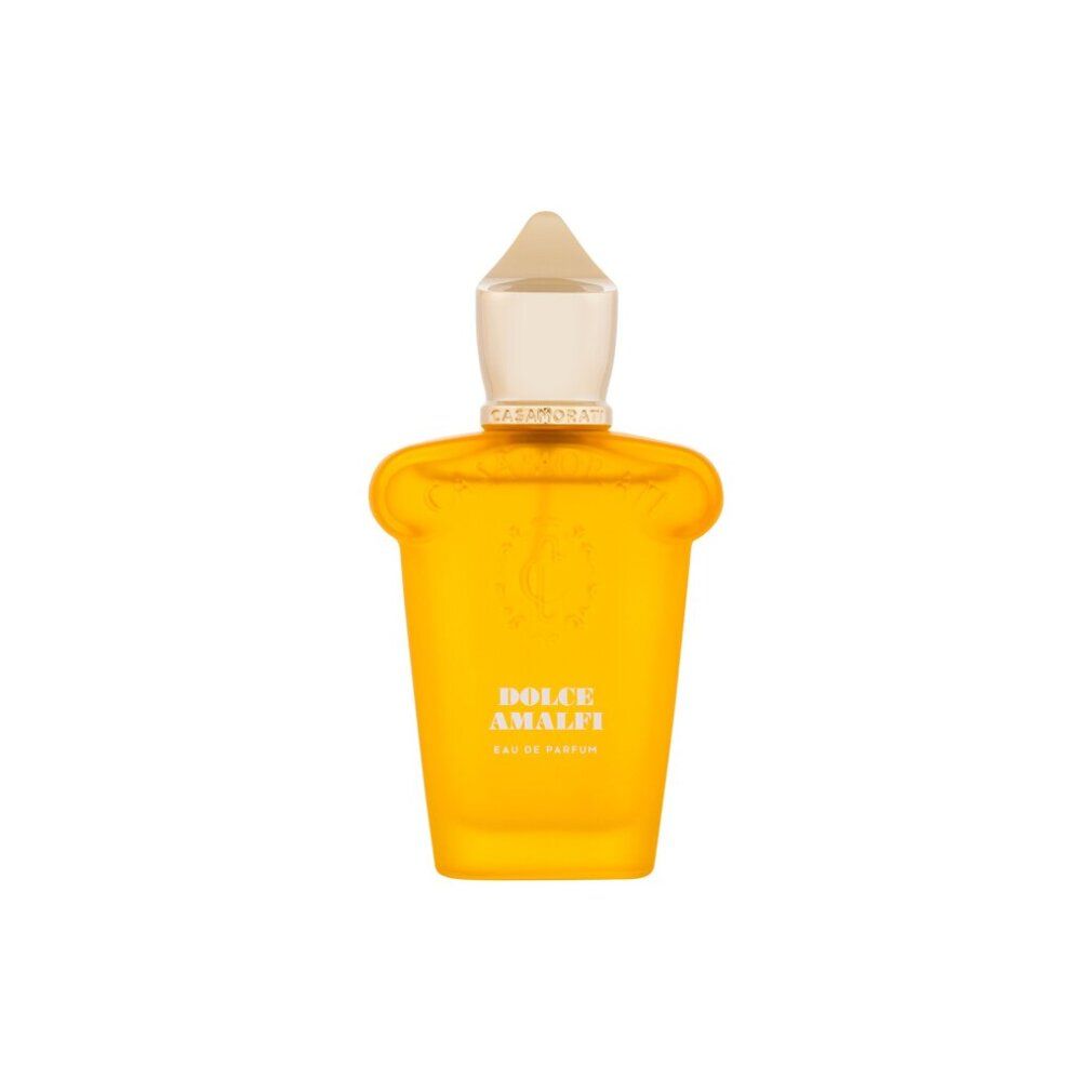 Gelbe Parfumflasche mit weißem Verschluss. Aufschrift "DOLCE AMALFI".