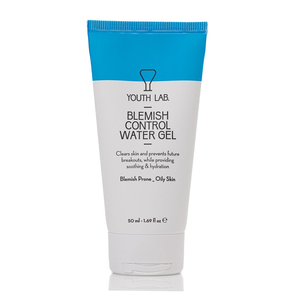 Tube mit blauem Deckel. Aufschrift: YOUTH LAB Blemish Control Water Gel. Für unreine, fettige Haut. 50 ml.