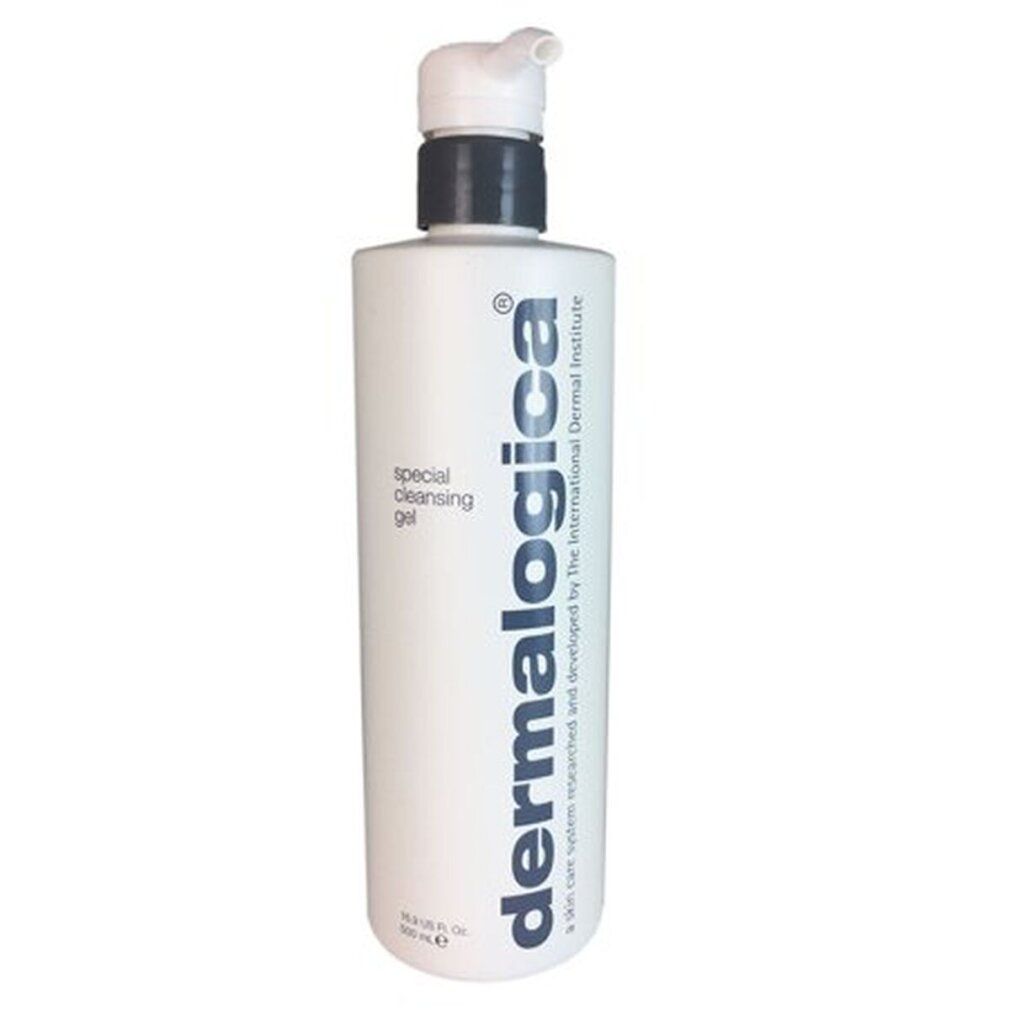 Weißer Spender mit Pumpe. Aufschrift: Special Cleansing Gel, dermalogica. Grauer Pumpkopf.