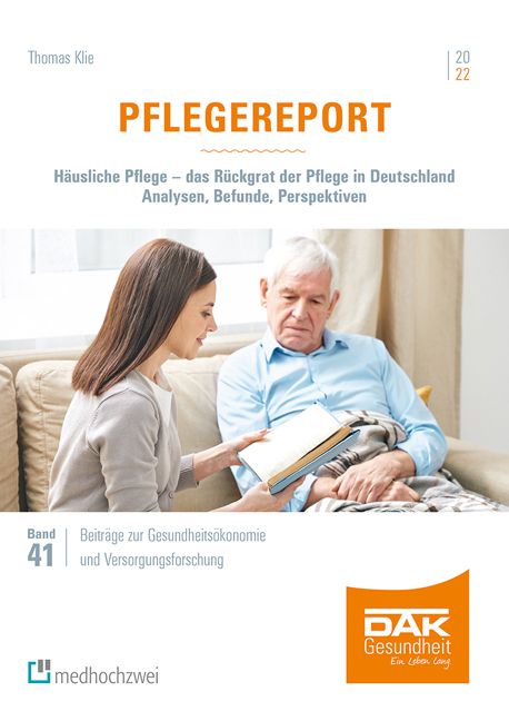 Buchcover: Pflegereport 2022. Titel, Autor, und Untertitel. Frau liest Mann vor. Logo DAK Gesundheit.
