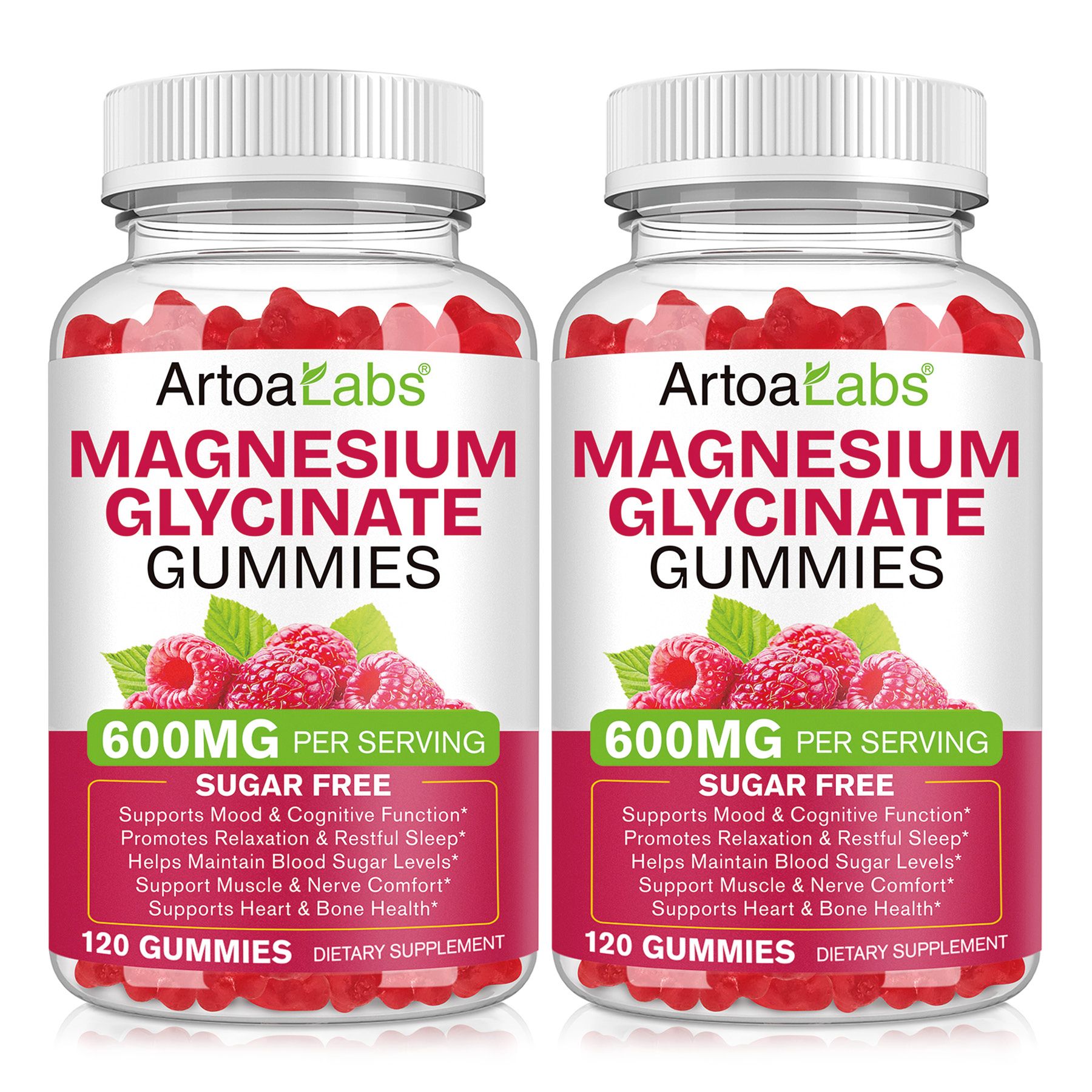 Zwei Flaschen ArtoaLabs Magnesiumglycinat-Gummis, 600mg pro Portion, zuckerfrei, 120 Gummis pro Flasche.