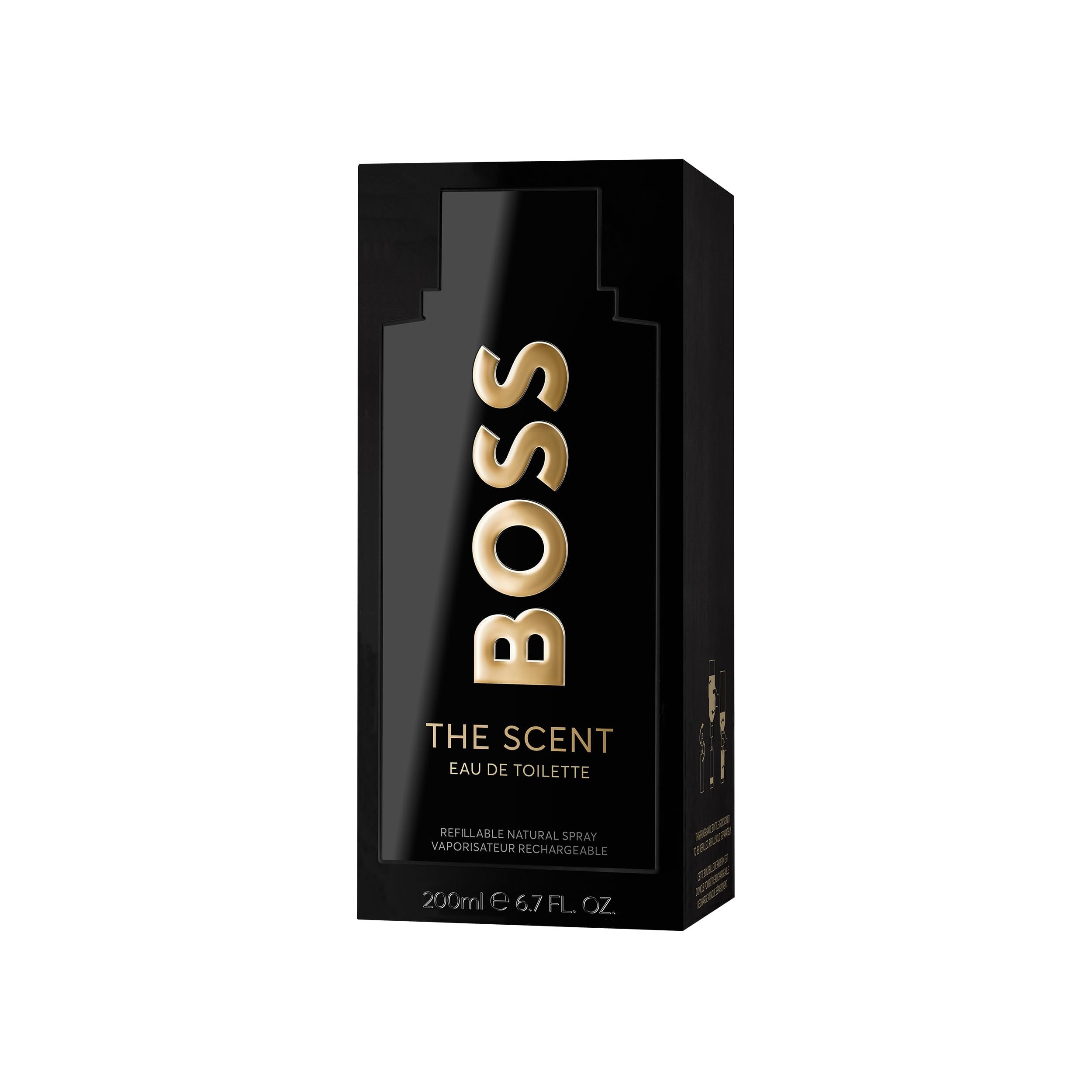 Schwarze Verpackung von Hugo Boss The Scent Eau de Toilette mit goldener Schrift.