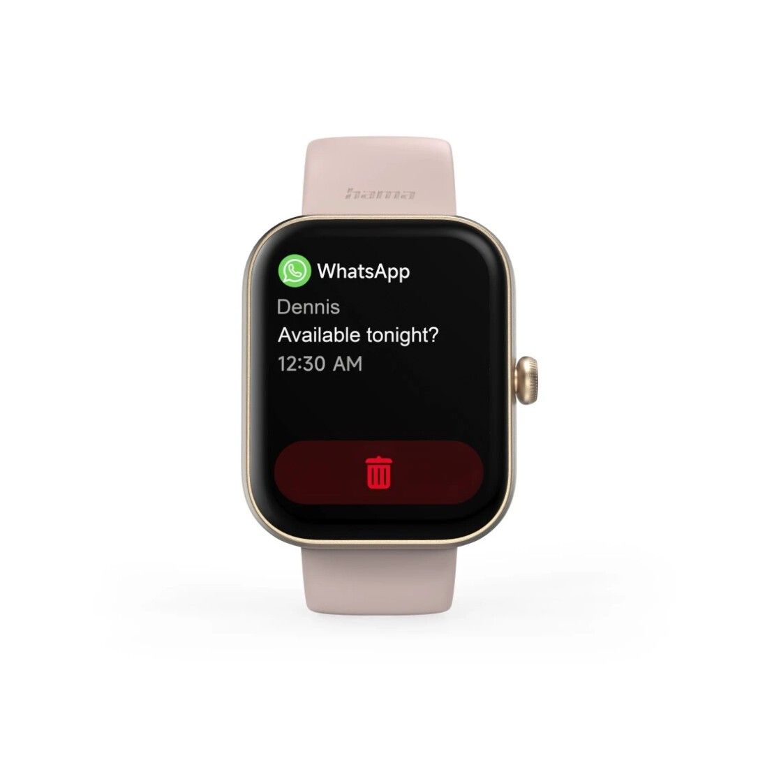 Roséfarbene Smartwatch mit goldfarbenem Gehäuse. Das Display zeigt eine WhatsApp-Nachricht.