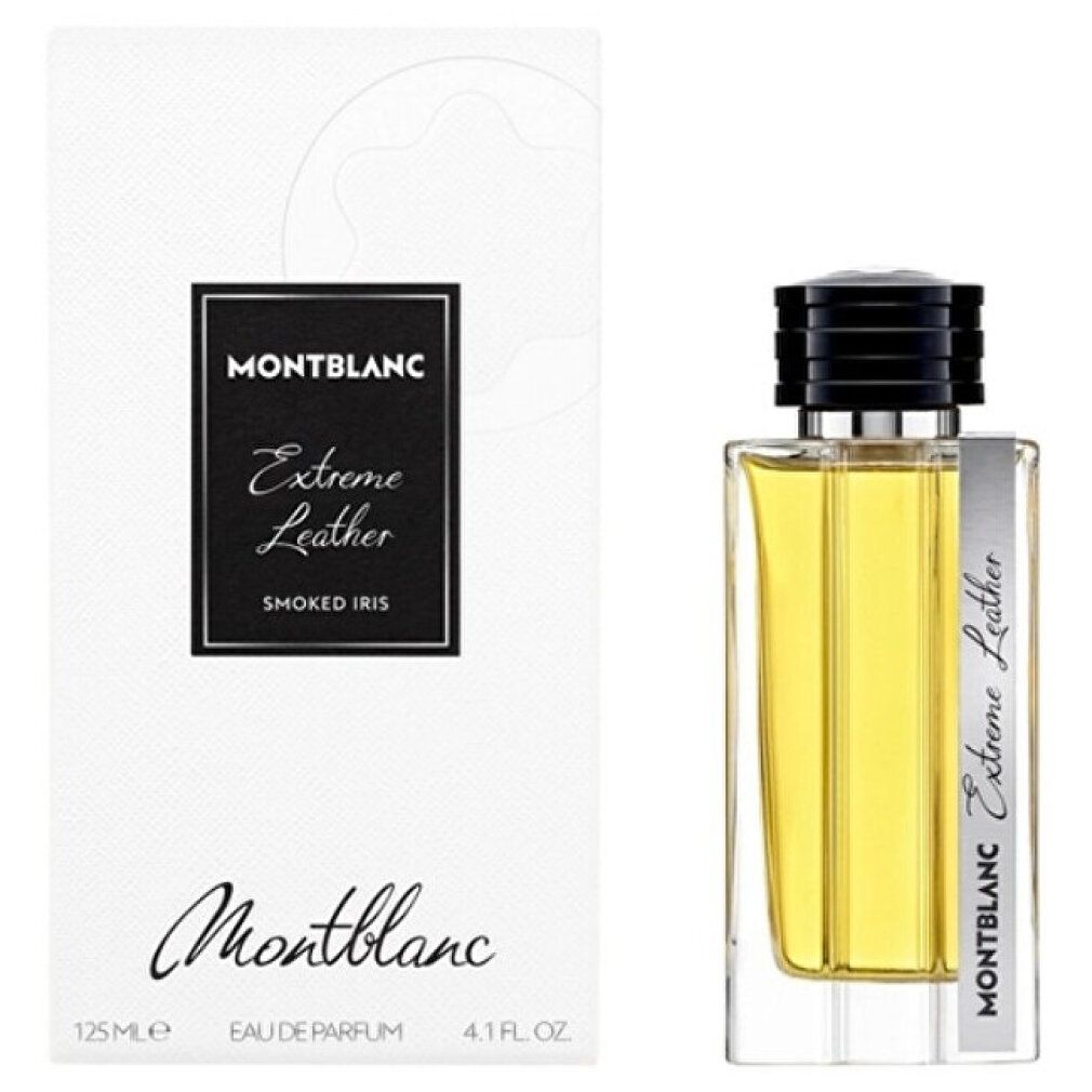 Montblanc Extreme Leather Smoked Iris Eau de Parfum 125ml Flakon und Verpackung.