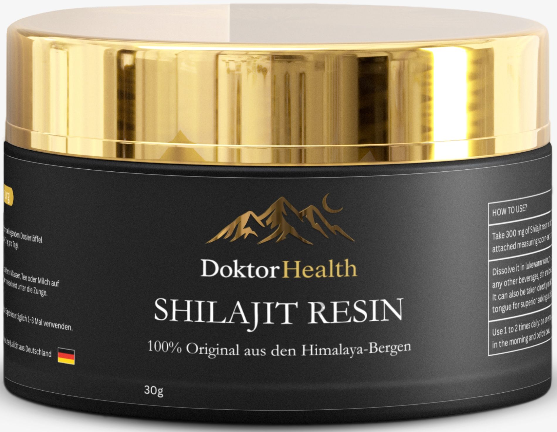 Dose Shilajit Resin, goldener Deckel, schwarzes Etikett. Text: Doktor Health, 100% Original aus den Himalaya-Bergen, 30g.