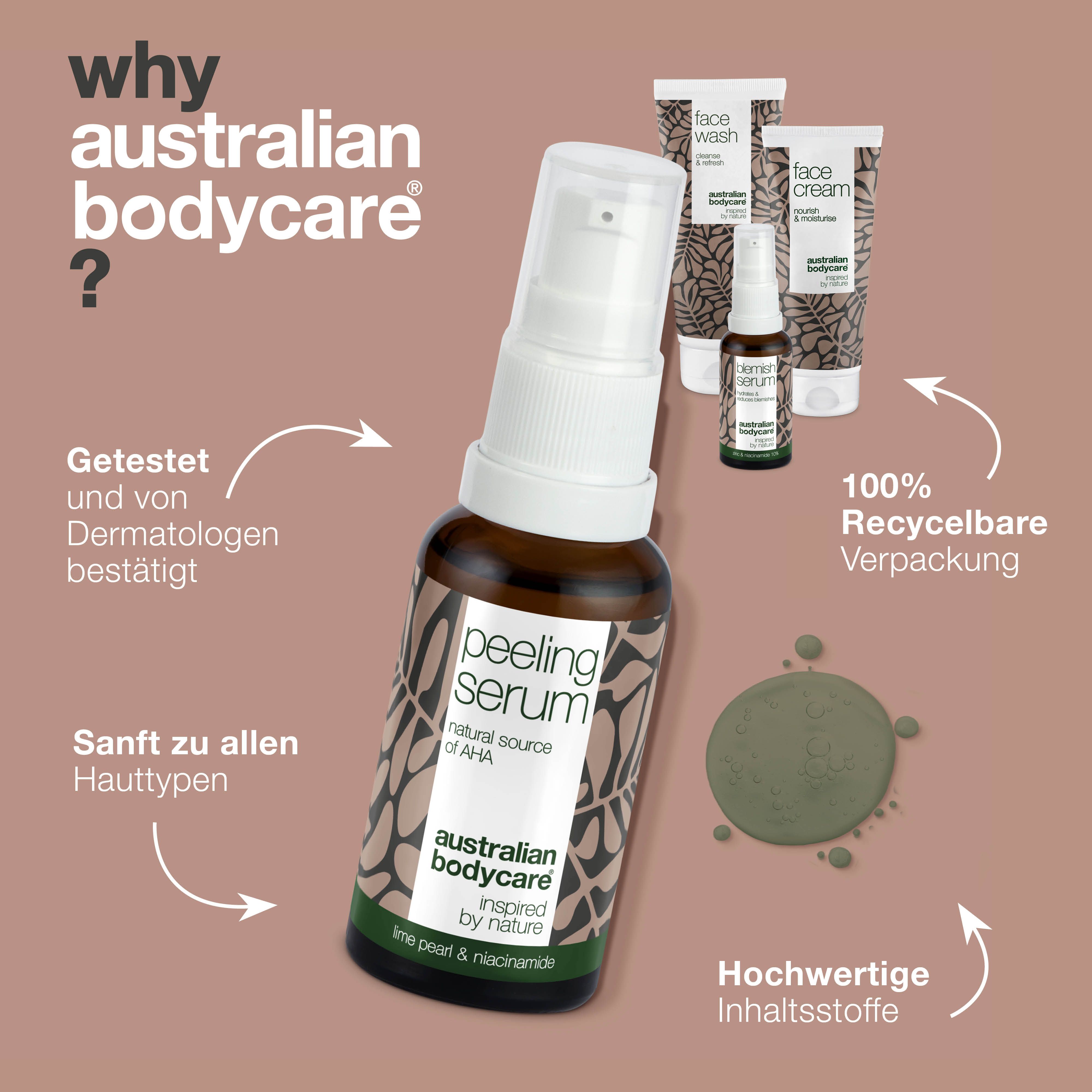 Peeling Serum Flasche mit Sprühkopf. Marke: Australian Bodycare. Text: 100% recycelbare Verpackung. Hochwertige Inhaltsstoffe.