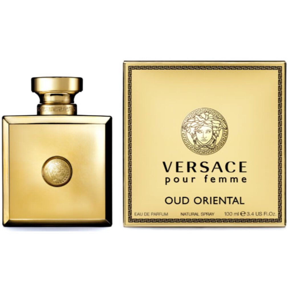 Goldfarbener Flakon und Verpackung. Auf der Verpackung steht: Versace Pour Femme Oud Oriental.