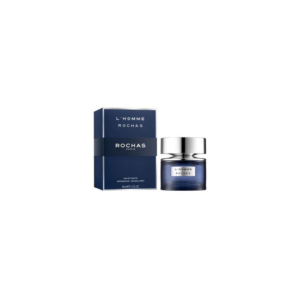Produktverpackung: Flakon und Schachtel. Flakon: blau, silberner Deckel, Aufschrift L'HOMME ROCHAS. Schachtel: blau, Aufschrift ROCHAS.