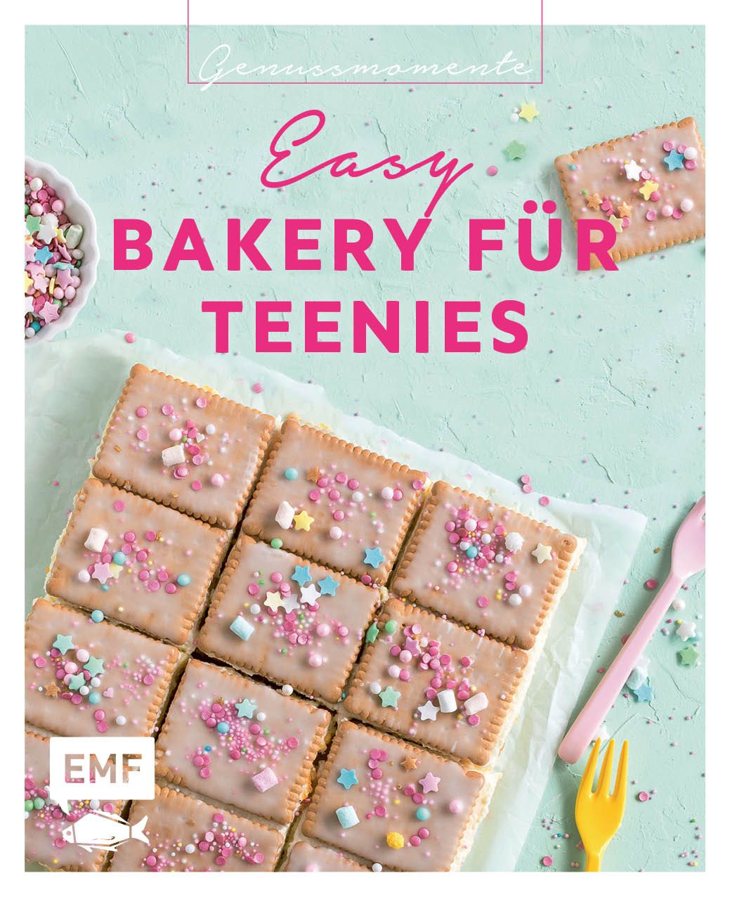 Buchcover mit dem Titel "Easy Bakery für Teenies". Gezuckerte Kekse mit Streuseln und Sternen. EMF-Logo.
