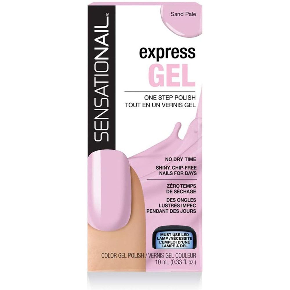 Verpackung von Sensationail Express-Gel-Nagellack. Rosa Farbton, Produktname und Text. 10 ml Flasche.