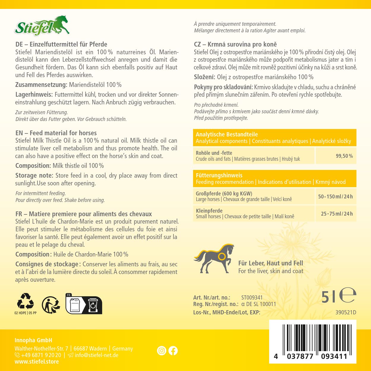 Rückseite der Verpackung mit Text in Deutsch, Englisch, Französisch und Tschechisch. Enthält Informationen zu Inhaltsstoffen und Anwendung.