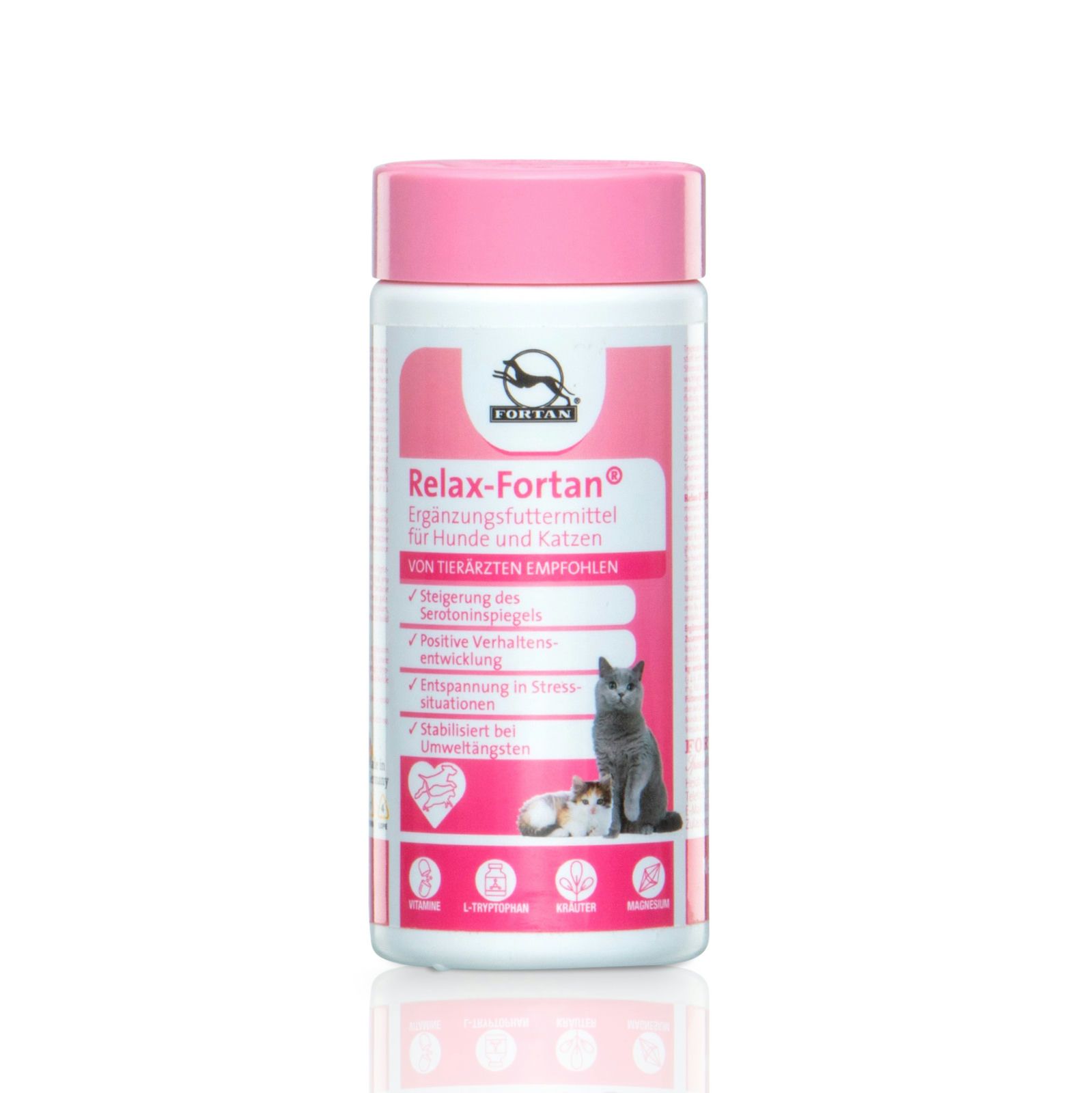 Ergänzungsfutter-Dose mit rosa Deckel. Etikett mit Produktname, Logo und Abbildung von Katze und Kätzchen. Empfohlen von Tierärzten.