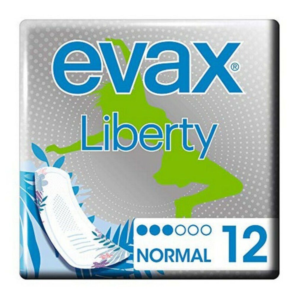 Verpackung von Evax Liberty Normal Binden mit einer Binde. Aufschrift: Evax Liberty, 'normal', '12'.