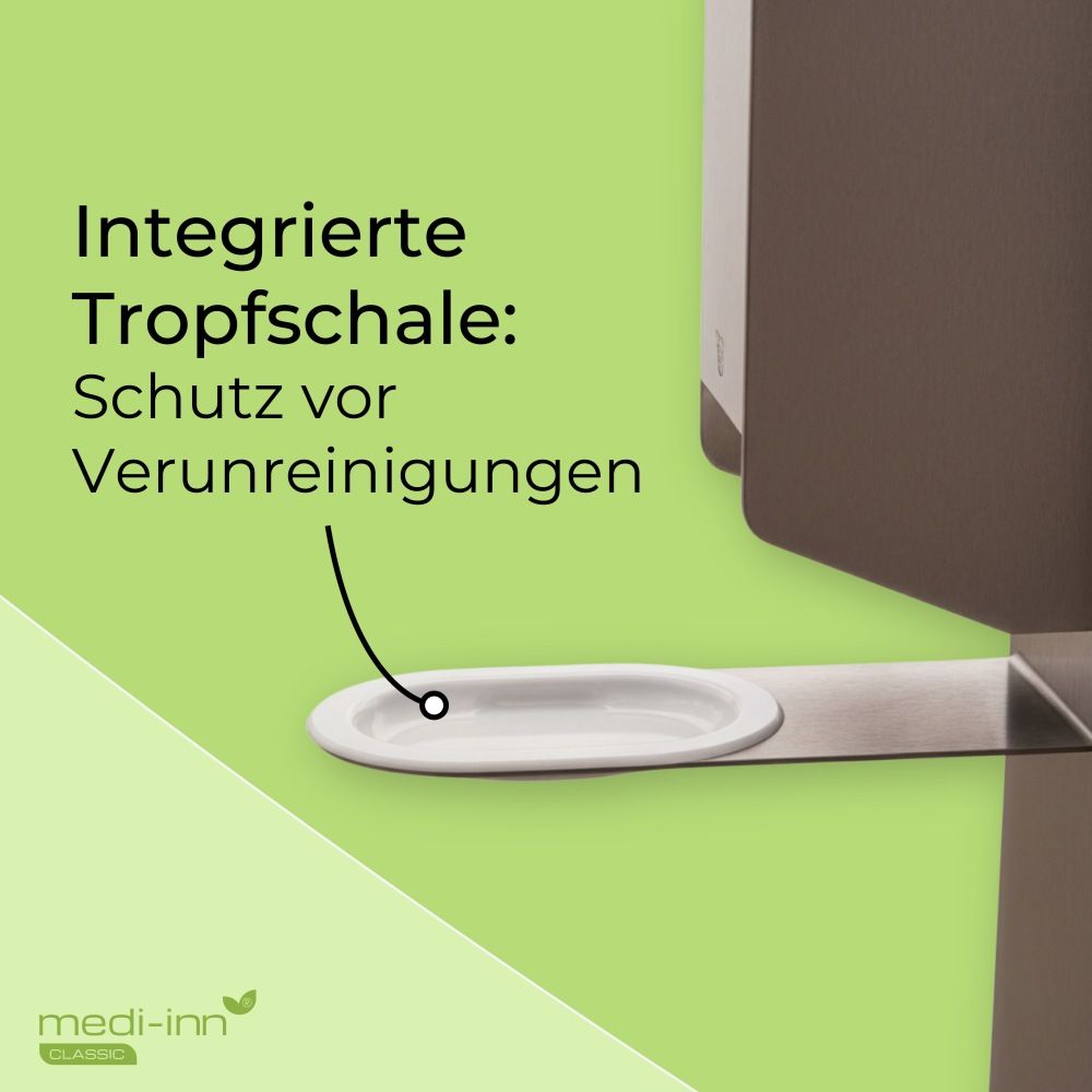 Detail der Desinfektionssäule mit integrierter Tropfschale. Schützt vor Verunreinigungen. Logo: Medi-Inn Classic.