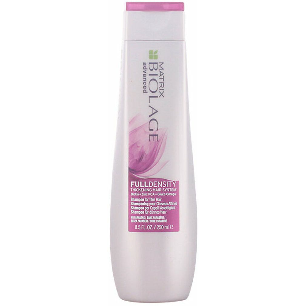 Shampoo-Flasche mit rosa Deckel. Aufschrift: Matrix Biolage FullDensity. 250 ml.