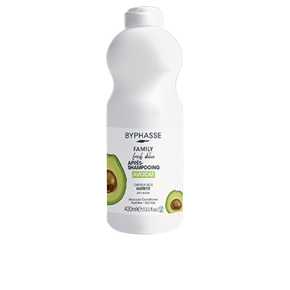 Weiße Flasche mit Avocado-Illustration und Text. Aufschrift: Byphasse Family Fresh Delice Après Shampooing Avocat. Für trockenes Haar.