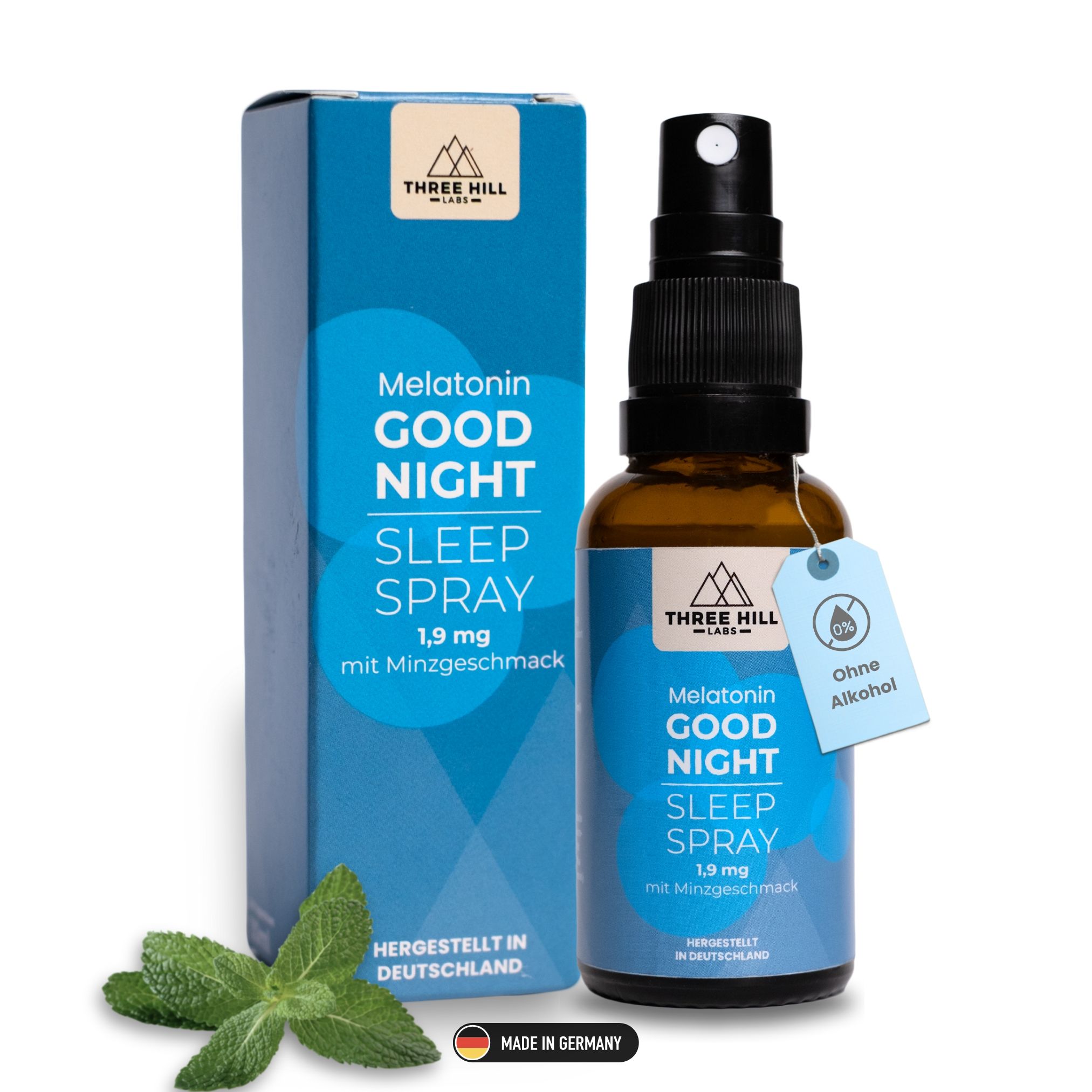 Sprayflasche und Schachtel. Text: Melatonin Good Night Sleep Spray, 1,9 mg mit Minzgeschmack. Ohne Alkohol. Made in Germany.
